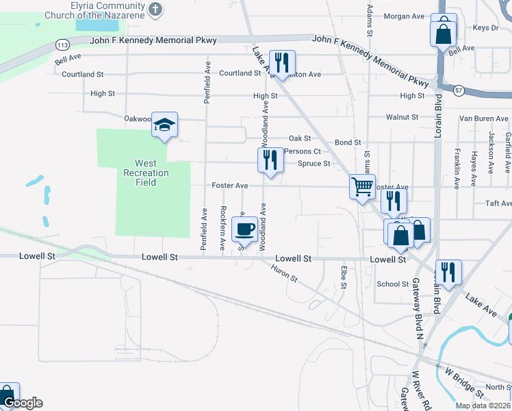 map of restaurants, bars, coffee shops, grocery stores, and more near 376 Woodland Ave in Elyria