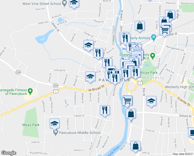 map of restaurants, bars, coffee shops, grocery stores, and more near 11 Stanton Street in Stonington
