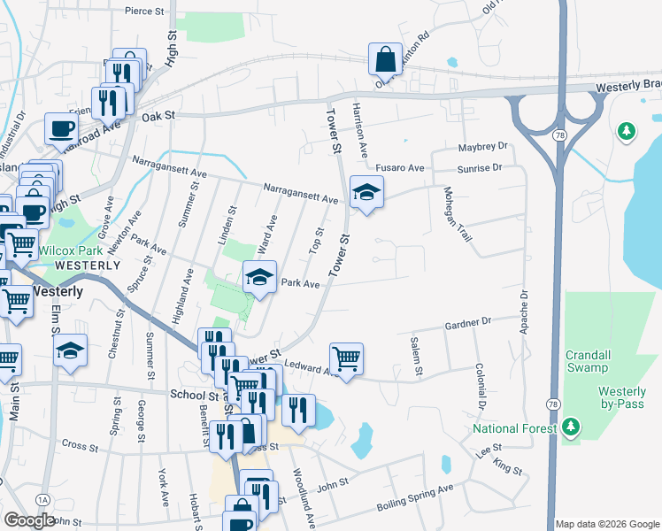 map of restaurants, bars, coffee shops, grocery stores, and more near 64 Tower Street in Westerly