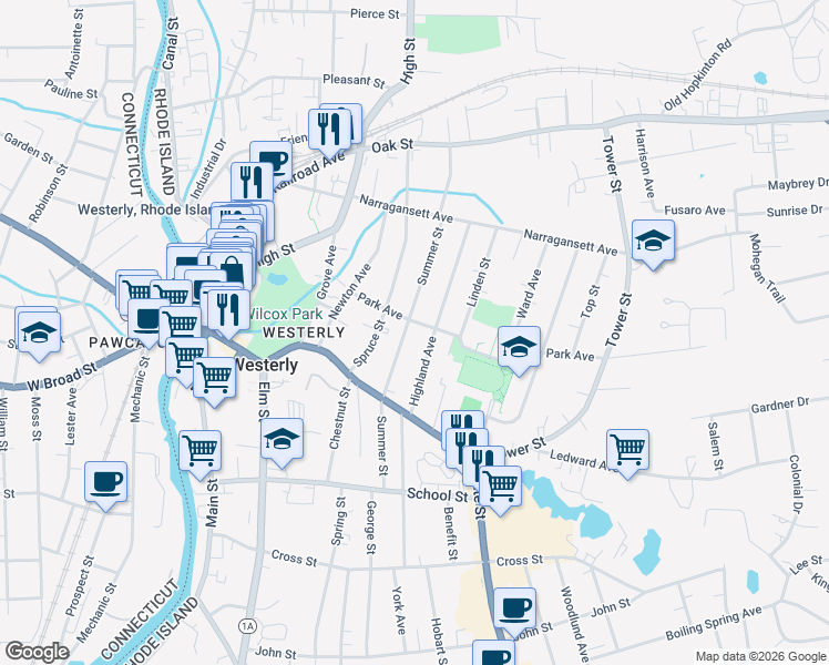 map of restaurants, bars, coffee shops, grocery stores, and more near 51 Summer Street in Westerly
