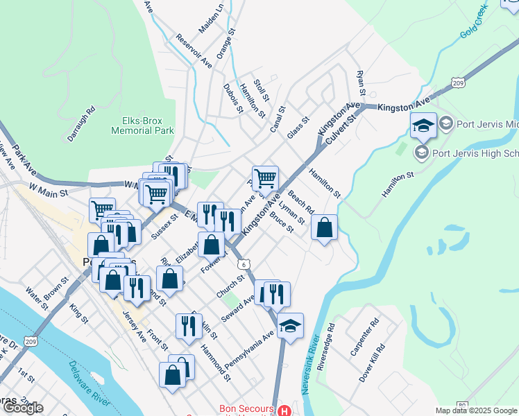 map of restaurants, bars, coffee shops, grocery stores, and more near 26 Kingston Avenue in Port Jervis