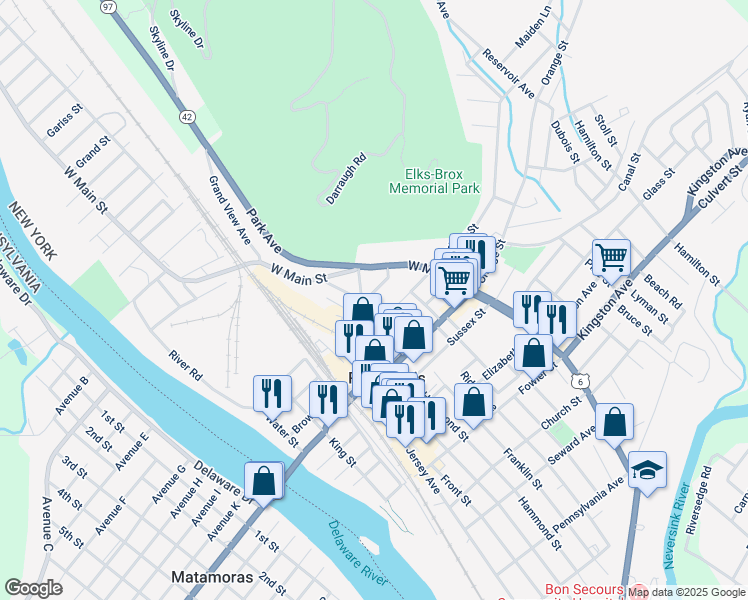 map of restaurants, bars, coffee shops, grocery stores, and more near 31 Delaware Street in Port Jervis