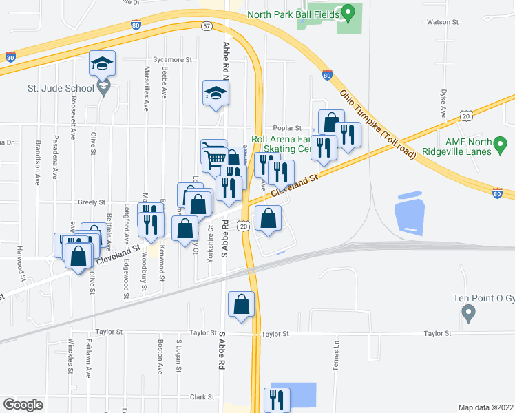 map of restaurants, bars, coffee shops, grocery stores, and more near Brittany Lane in Elyria