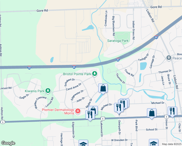 map of restaurants, bars, coffee shops, grocery stores, and more near 1809 Anne Lane in Morris