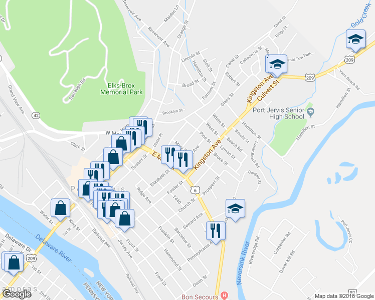 map of restaurants, bars, coffee shops, grocery stores, and more near 16 Ferguson Avenue in Port Jervis