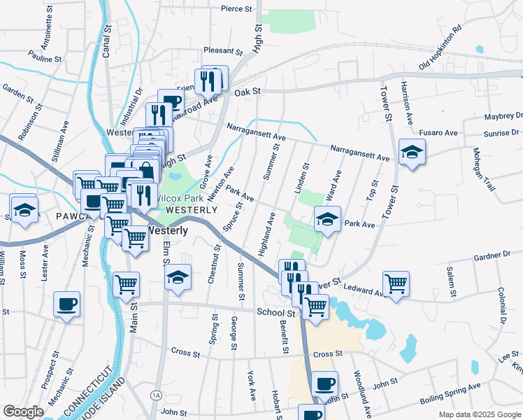 map of restaurants, bars, coffee shops, grocery stores, and more near 51 Summer Street in Westerly