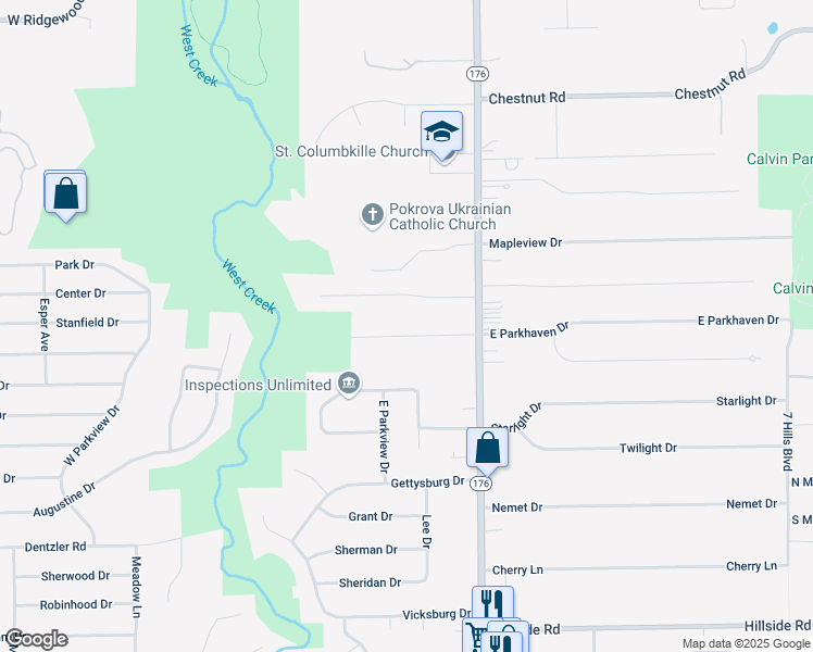 map of restaurants, bars, coffee shops, grocery stores, and more near 1200 Parkhaven Drive in Parma