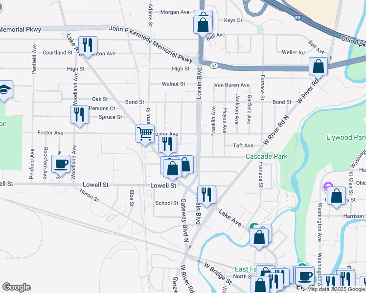 map of restaurants, bars, coffee shops, grocery stores, and more near 518 Dewey Avenue in Elyria