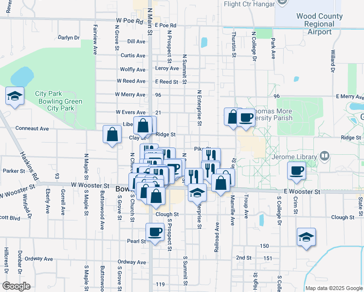 map of restaurants, bars, coffee shops, grocery stores, and more near 305 North Summit Street in Bowling Green