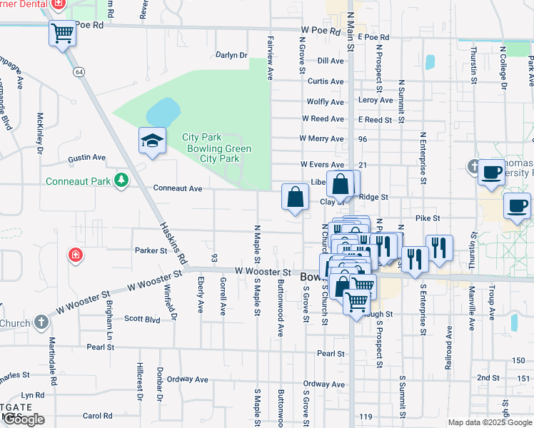 map of restaurants, bars, coffee shops, grocery stores, and more near 324 North Maple Street in Bowling Green