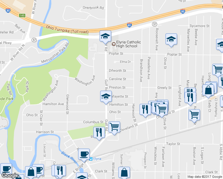 map of restaurants, bars, coffee shops, grocery stores, and more near 115 Preston Street in Elyria
