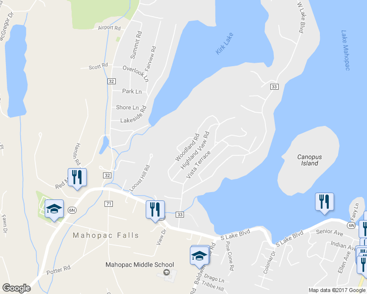 map of restaurants, bars, coffee shops, grocery stores, and more near 45 Woodland Road in Mahopac