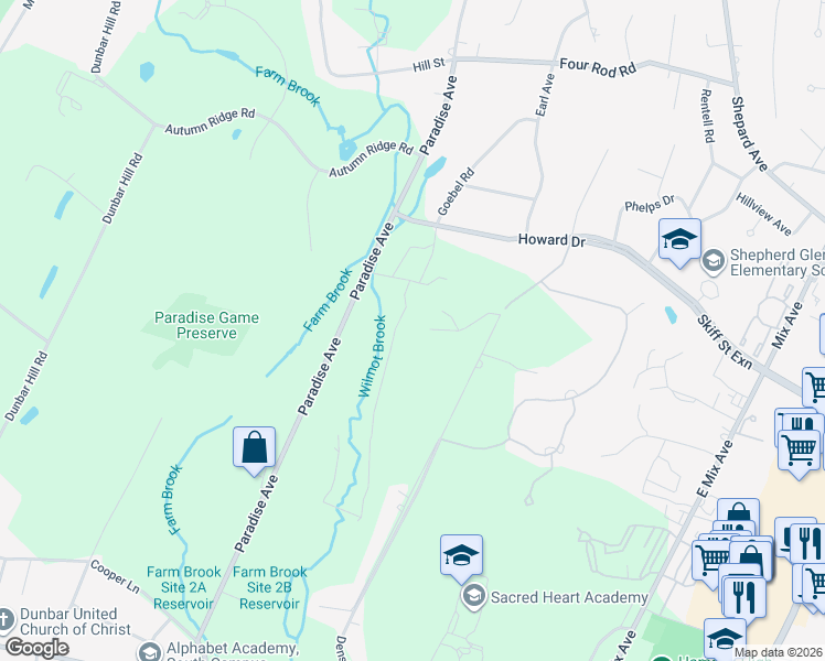 map of restaurants, bars, coffee shops, grocery stores, and more near 90 Brook Hill Road in Hamden