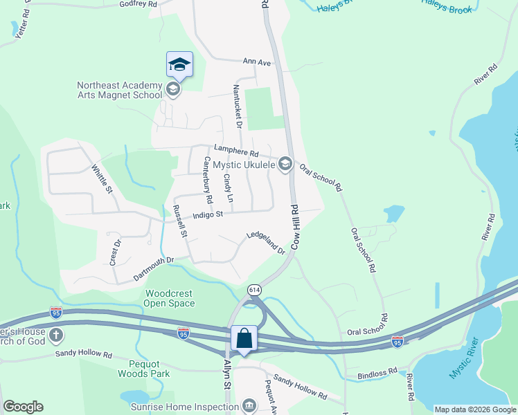 map of restaurants, bars, coffee shops, grocery stores, and more near 95 Indigo Street in Groton