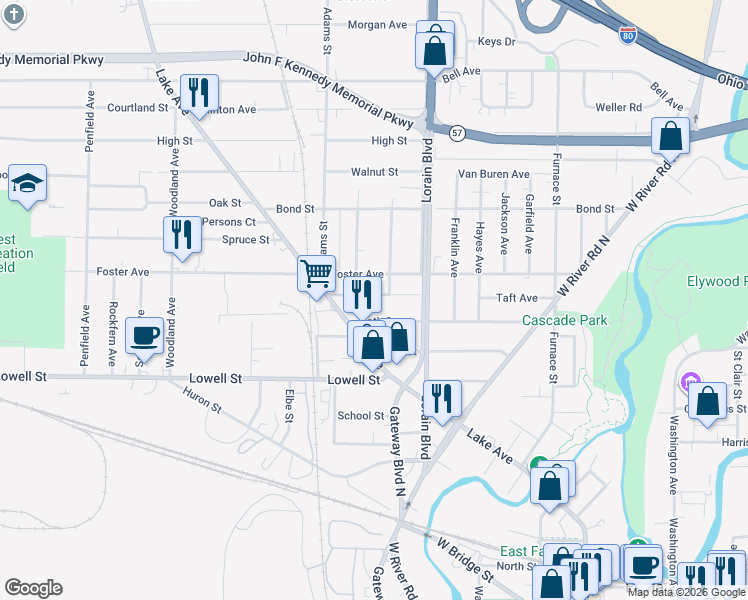 map of restaurants, bars, coffee shops, grocery stores, and more near 618 Dewey Avenue in Elyria