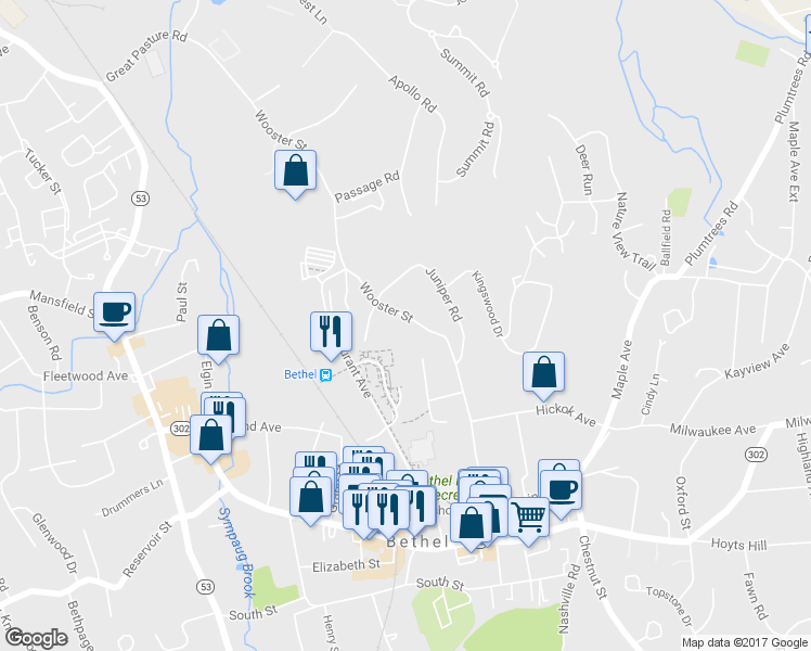 map of restaurants, bars, coffee shops, grocery stores, and more near 70 Wooster Street in Bethel