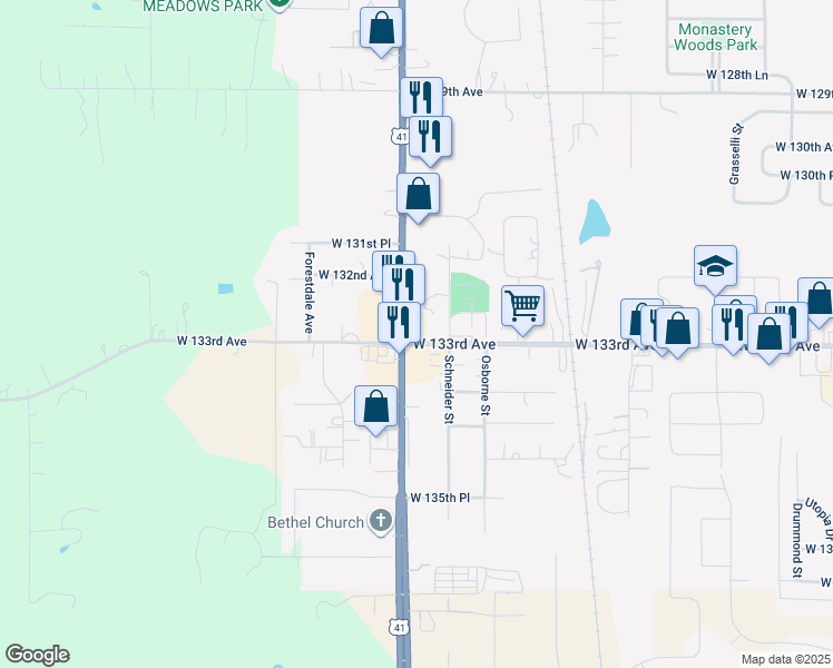 map of restaurants, bars, coffee shops, grocery stores, and more near 11102 W 133rd Ave in Cedar Lake