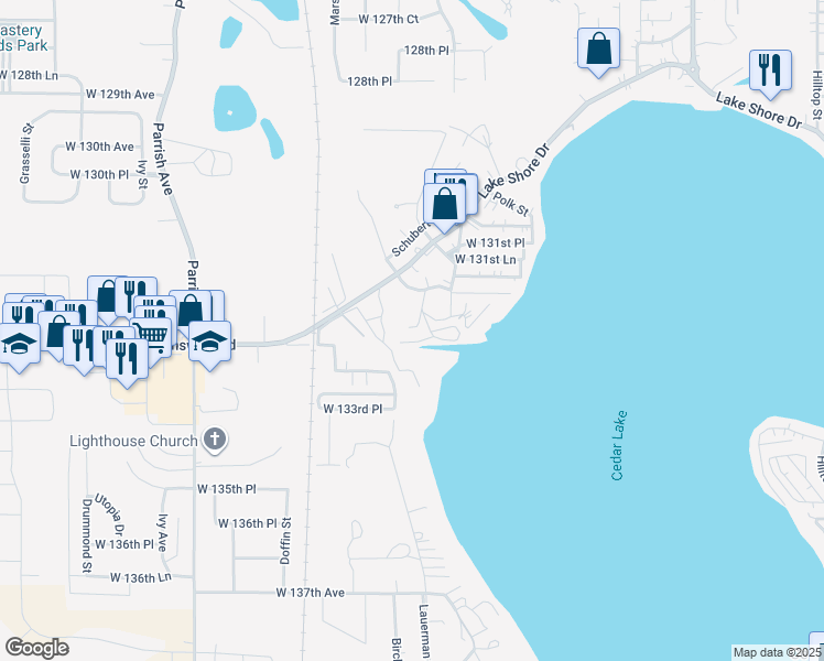 map of restaurants, bars, coffee shops, grocery stores, and more near 13240 Grimm Street in Cedar Lake