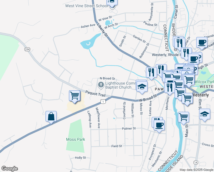 map of restaurants, bars, coffee shops, grocery stores, and more near 16 Wilcox Manor in Stonington