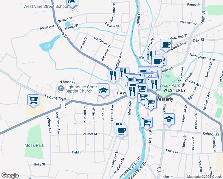 map of restaurants, bars, coffee shops, grocery stores, and more near 11 Stanton Street in Stonington