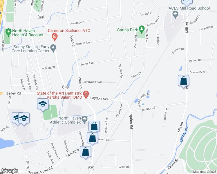 map of restaurants, bars, coffee shops, grocery stores, and more near 34 Tennyson Avenue in North Haven