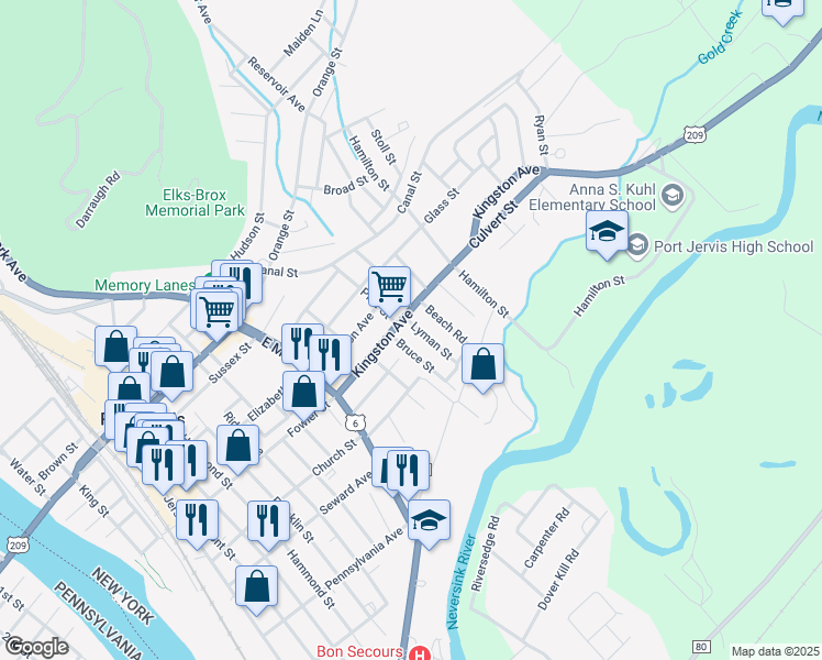 map of restaurants, bars, coffee shops, grocery stores, and more near 12 Lyman Street in Port Jervis