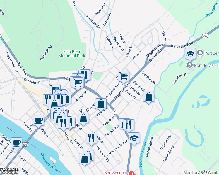 map of restaurants, bars, coffee shops, grocery stores, and more near 16 Ferguson Avenue in Port Jervis