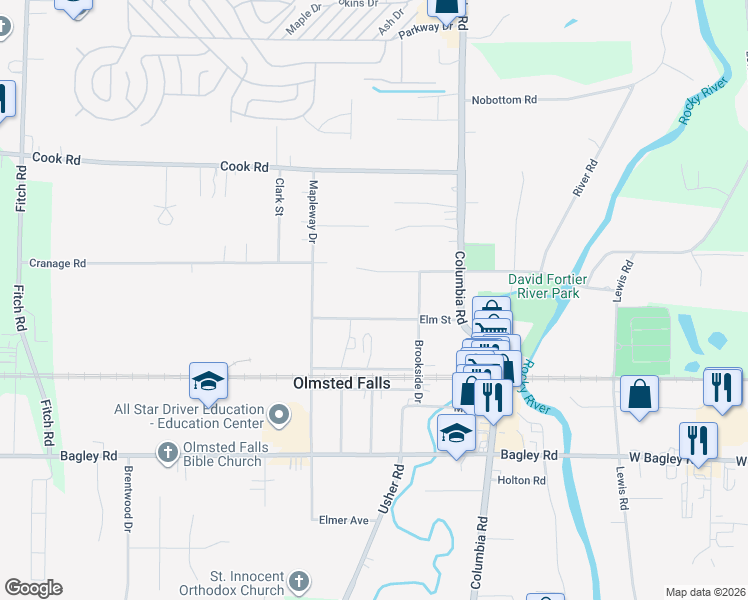 map of restaurants, bars, coffee shops, grocery stores, and more near 25920 Elm Street in Olmsted Falls