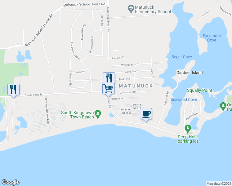 map of restaurants, bars, coffee shops, grocery stores, and more near 42 Community Drive in South Kingstown