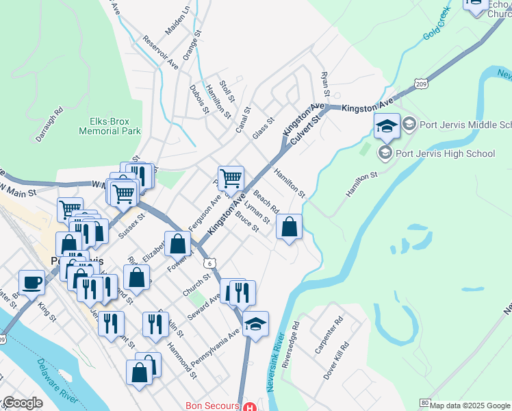 map of restaurants, bars, coffee shops, grocery stores, and more near 12 Lyman Street in Port Jervis