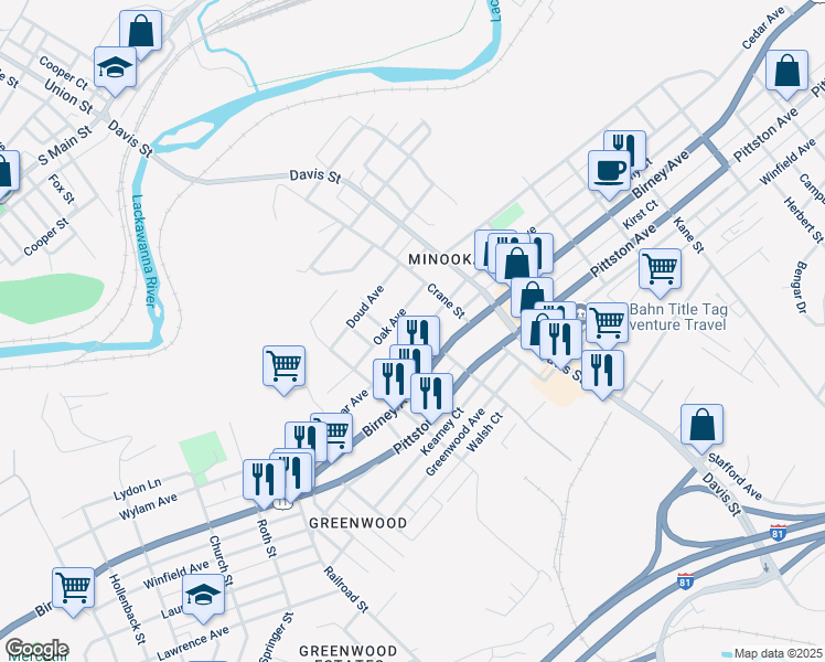 map of restaurants, bars, coffee shops, grocery stores, and more near 3242 Cedar Ave in Scranton