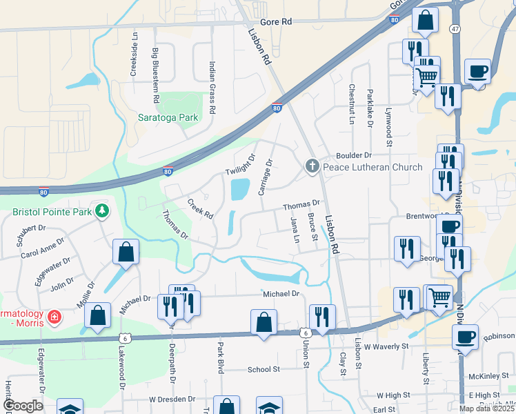 map of restaurants, bars, coffee shops, grocery stores, and more near 800 Thomas Drive in Morris
