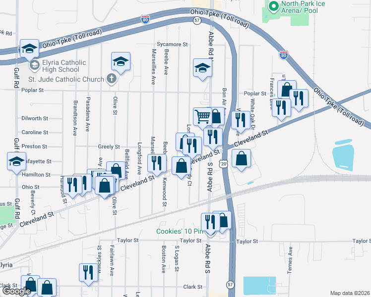 map of restaurants, bars, coffee shops, grocery stores, and more near 125 Hawthorne Street in Elyria