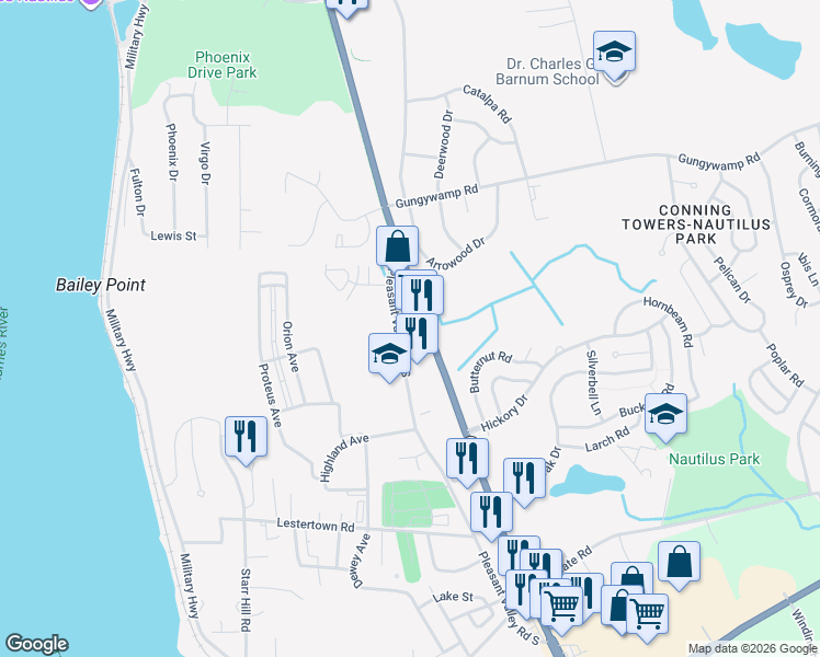 map of restaurants, bars, coffee shops, grocery stores, and more near 490 Pleasant Valley Rd S in Groton