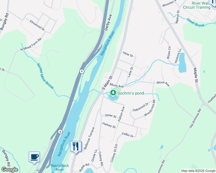 map of restaurants, bars, coffee shops, grocery stores, and more near 6 Moss Avenue in Seymour