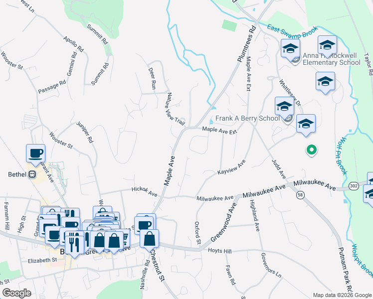 map of restaurants, bars, coffee shops, grocery stores, and more near 29 South Crossing Way in Bethel