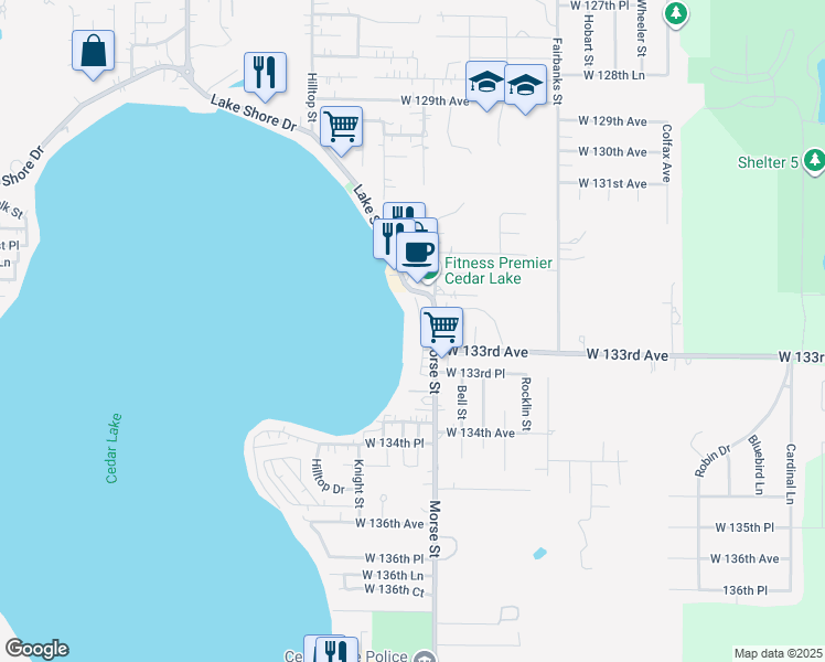 map of restaurants, bars, coffee shops, grocery stores, and more near 13242 East Lakeshore Drive in Cedar Lake