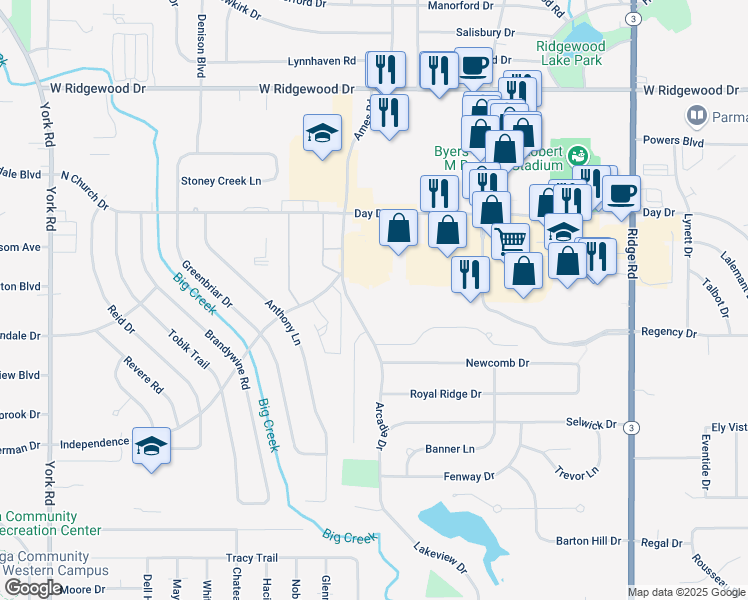 map of restaurants, bars, coffee shops, grocery stores, and more near 6871 Ames Road in Parma