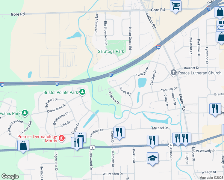 map of restaurants, bars, coffee shops, grocery stores, and more near 1162 Oak Grove Court in Morris
