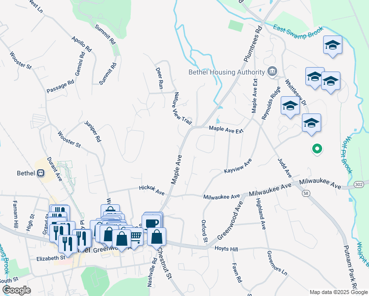 map of restaurants, bars, coffee shops, grocery stores, and more near 66 Maple Avenue in Bethel