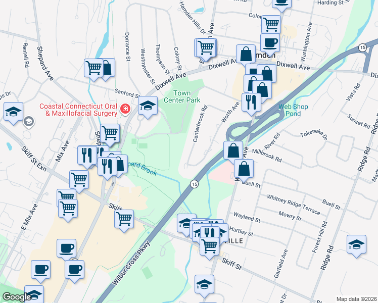 map of restaurants, bars, coffee shops, grocery stores, and more near 185 Centerbrook Road in Hamden