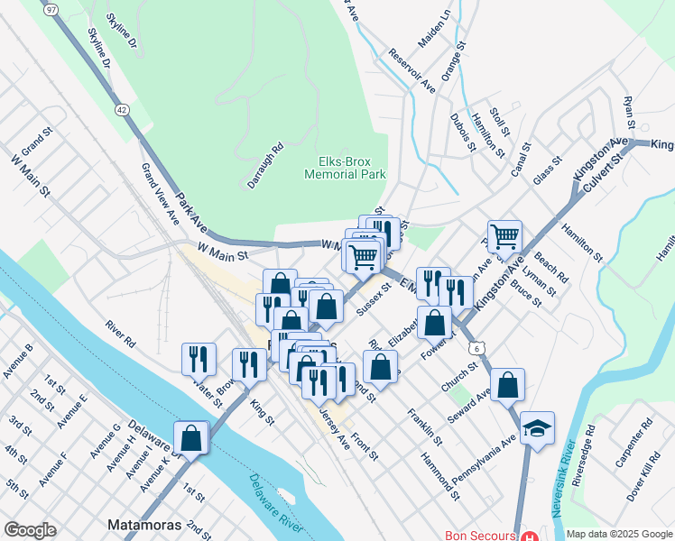 map of restaurants, bars, coffee shops, grocery stores, and more near 11 West Broome Street in Port Jervis