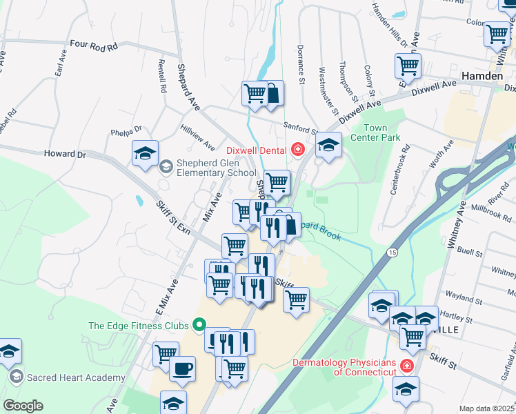 map of restaurants, bars, coffee shops, grocery stores, and more near 2380 Dixwell Avenue in Hamden
