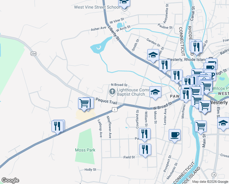 map of restaurants, bars, coffee shops, grocery stores, and more near 3 Avery Street in Stonington