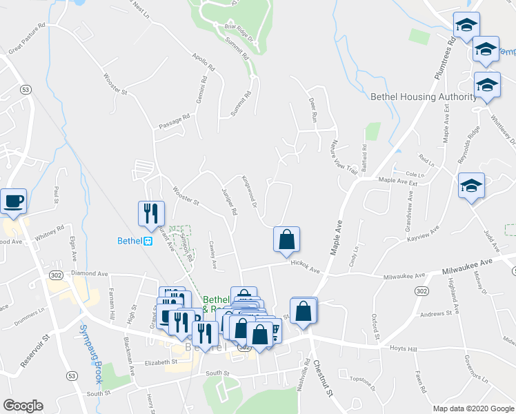 map of restaurants, bars, coffee shops, grocery stores, and more near 74 Kingswood Drive in Bethel