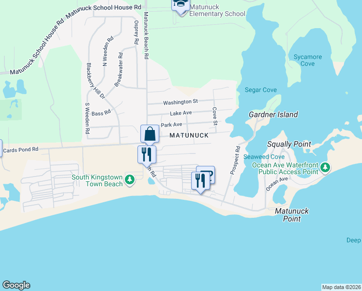 map of restaurants, bars, coffee shops, grocery stores, and more near 92 Community Drive in South Kingstown