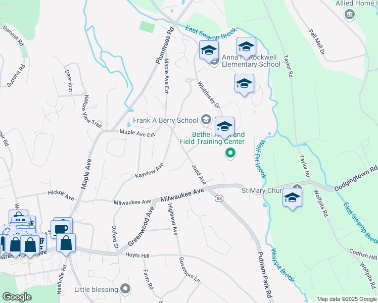 map of restaurants, bars, coffee shops, grocery stores, and more near 600 Whittlesey Drive in Bethel