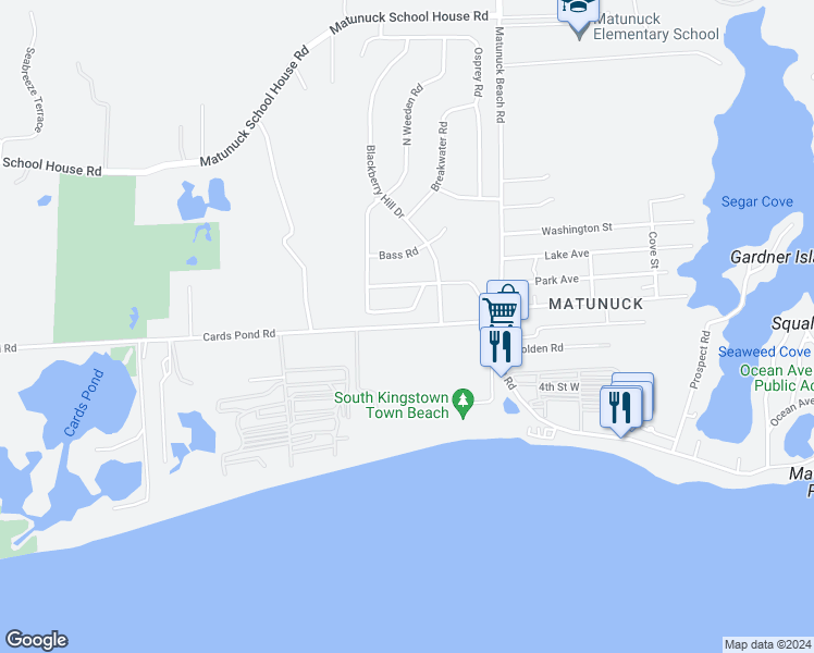 map of restaurants, bars, coffee shops, grocery stores, and more near 32 South Weeden Road in South Kingstown