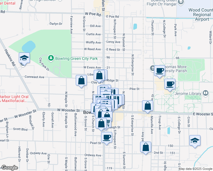 map of restaurants, bars, coffee shops, grocery stores, and more near 326 North Main Street in Bowling Green