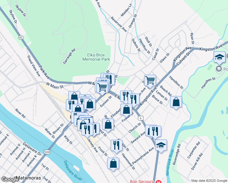 map of restaurants, bars, coffee shops, grocery stores, and more near 16 East Main Street in Port Jervis